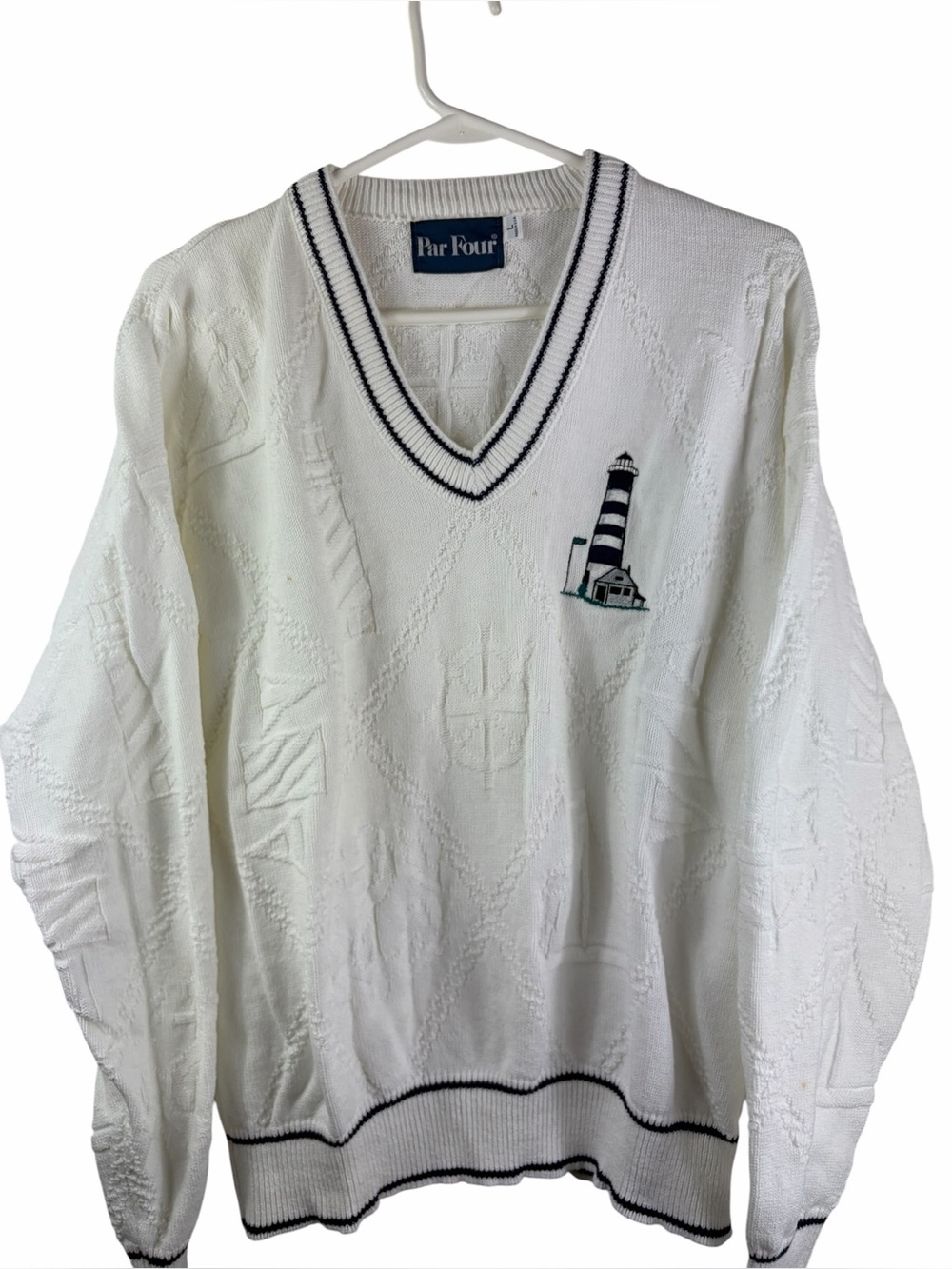 Par Four Vintage White V-Neck Lighthouse Knit Sweater